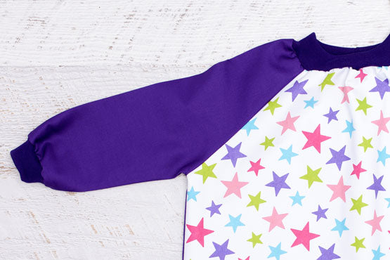 Pink Stars art Smock -close up of purple sleeves